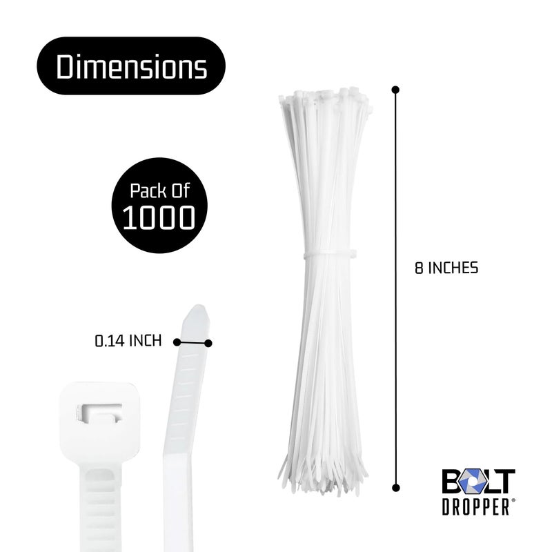 Bolt Dropper 8 Inch 1000 White Zip Cable Ties 40lbs Tensile Strength - Secure Projects with Confidence: Heavy Duty, Self-Lock Premium Nylon Cable Wire Ties for Indoor Outdoor Use - Image 3